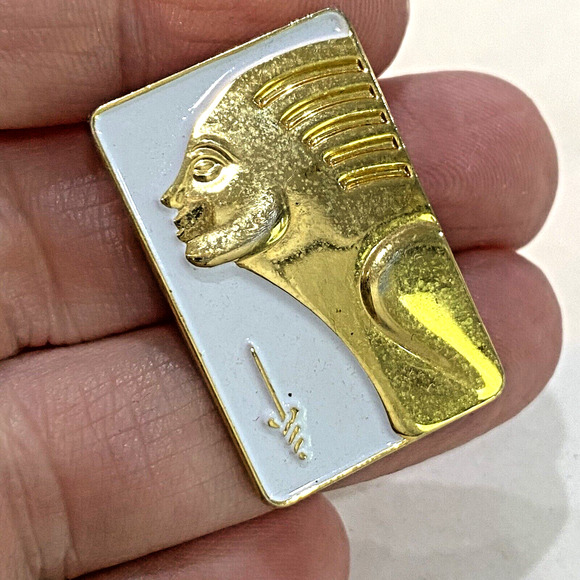 Unique Profile Brooch Pin Art Deco Style Goldtone White Enamel Rectangle Taiwan - Picture 5 of 6
